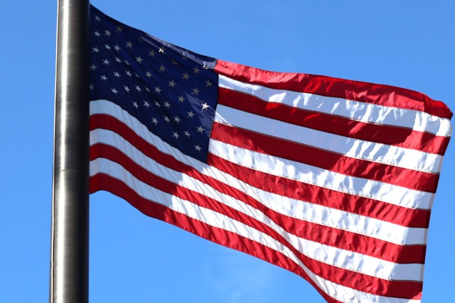 An+American+flag+ripples+in+the+wind+in+front+of+City+Hall+in+Camarillo%2C+CA.+On+Sept.+11%2C+2022%2C+many+flags+were+flown+half-staff+in+remembrance+of+9%2F11.+Photo+credit%3A+Shahbano+Raza