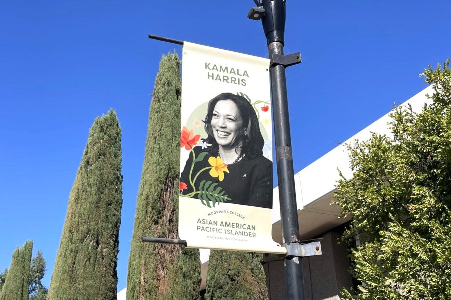 Moorpark+College+features+U.S.+Vice+President+Kamala+Harris+on+one+of+their+Asian+American+Pacific+Islander+Heritage+Month+spotlight+banners+on+Raider+Walk.+Filipino+American+History+Month+takes+place+four+months+after+AAPI+month%2C+and+Harris+is+set+the+visit+the+Philippines+this+coming+November.+Photo+credit%3A+Briana+Cruz
