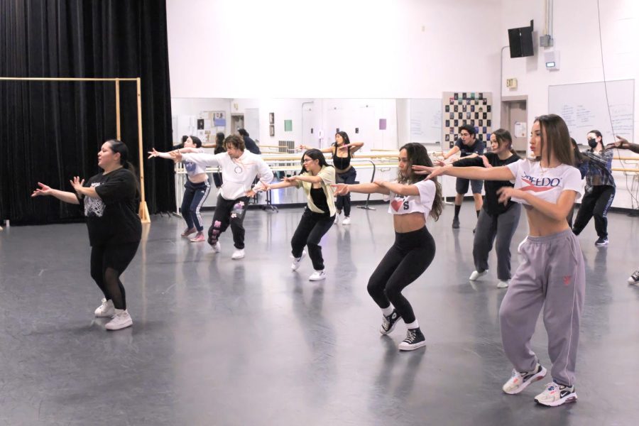 Moorpark College dancers learn a hip-hop routine from the colleges Student Dance Association President Seleyna Figueroa. This class took place on Oct. 4, 2022, and is one of several being offered by the campus organization. Photo credit: Sarah Graue