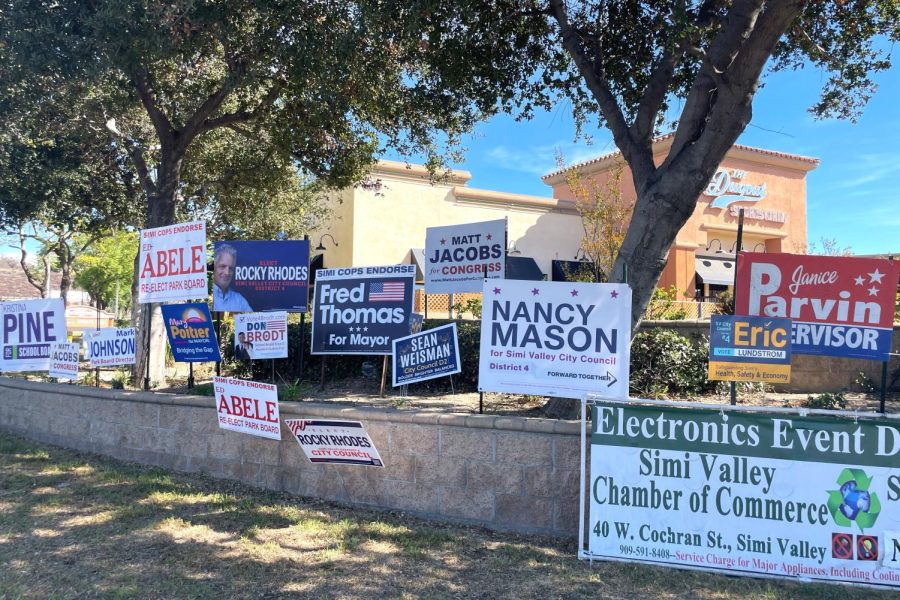 Political signs display in front of The Dugout on Madera Road in Simi Valley, CA. This includes advertisement for District 4 City Council candidates Nancy Mason, Rocky Rhodes and Eric Lundstrom. Photo credit: Briana Cruz