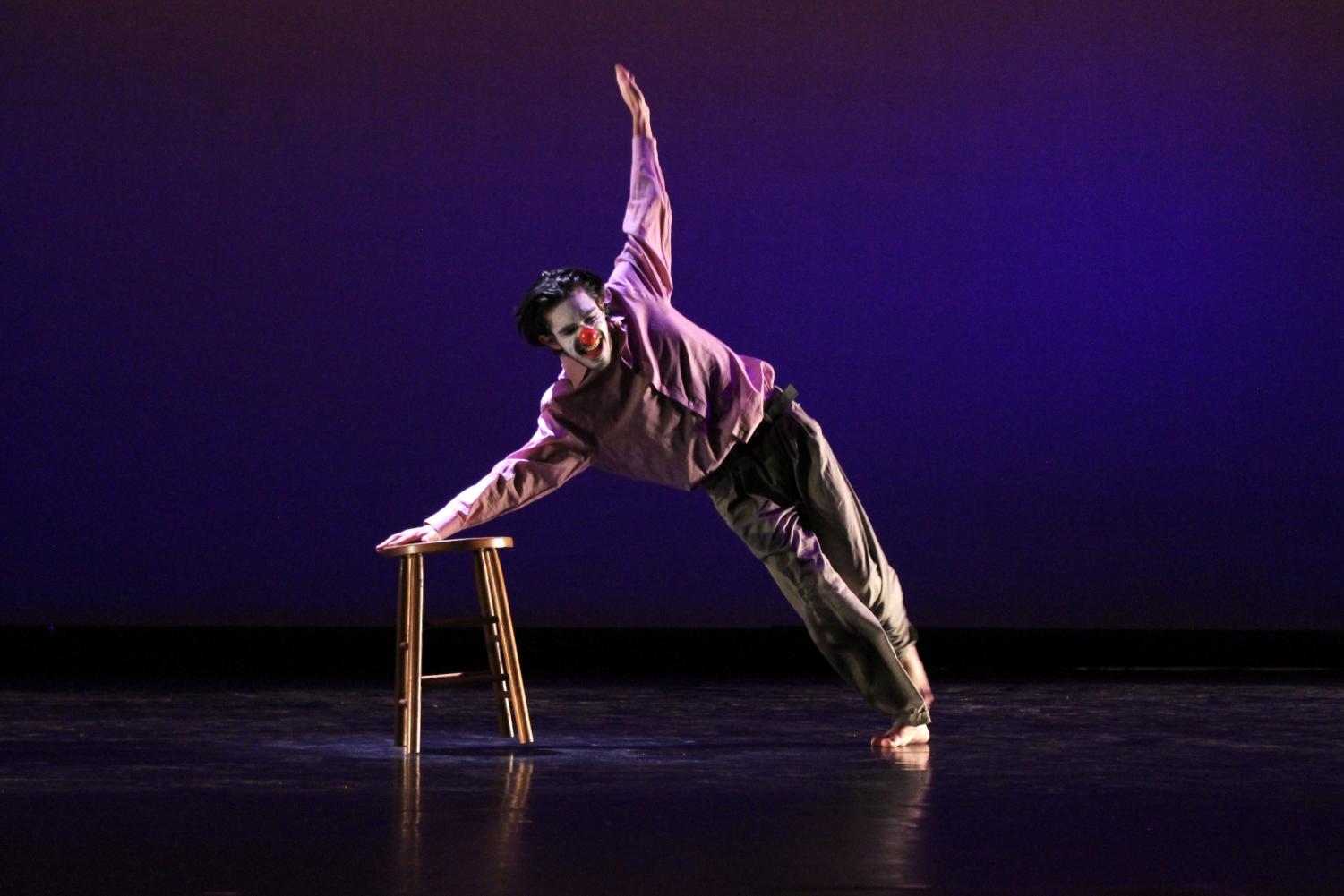 Theatre major Kyle Kaplan performs “Still Working On It,” a dance-comedy piece choreographed by Artistic Director Beth Megill at the “Speaking Movement” dress rehearsal on Nov. 16, 2022.