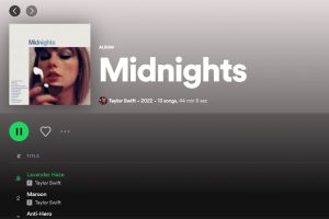 A screenshot of Taylor Swifts new album Midnights playing on Spotify, a popular music streaming platform. Midnights was released on Spotify and other platforms on Oct. 21, 2022.
