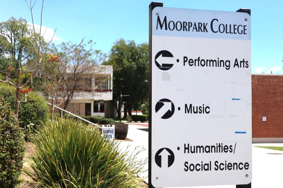 A sign points students and visitors towards different campus departments at Moorpark College. Photo credit: Shahbano Raza