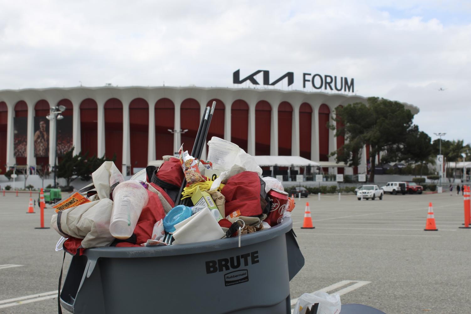 Fans' remnants of tents, air mattresses and food litter the streets of Inglewood following general admission wristband distribution into the Kia Forum. Campsites surrounding the outskirts of the venue left their trash on Jan. 29, 2023.