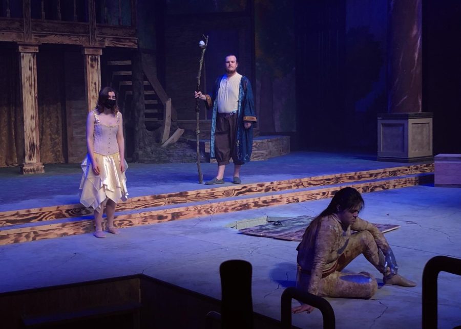 Casey OBrien (Left), Colin Rinard (Center) and Lucia Salazar-Davidson (Right) perform The Tempest at their dress rehearsal in the Performing Arts Center on March 14, 2023. Photo credit: Sarah Graue
