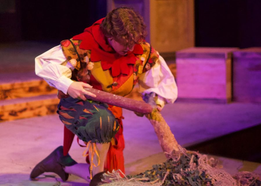 Wyatt Freihon plays Alonsos jester, Trinculo, and wears a specialty costume styled by Moorpark College costuming students in The Tempest on March 14, 2023. Photo credit: Nia Robinson