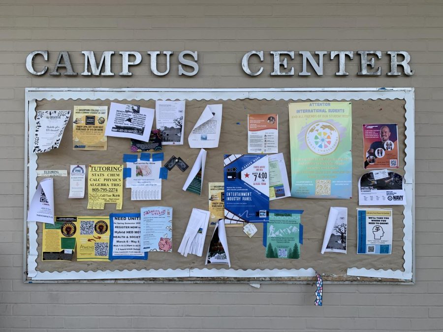 A variety of fliers posted on the Moorpark College Campus Center building taken on March 12th, 2023. Photo credit: Jasmine Hallack