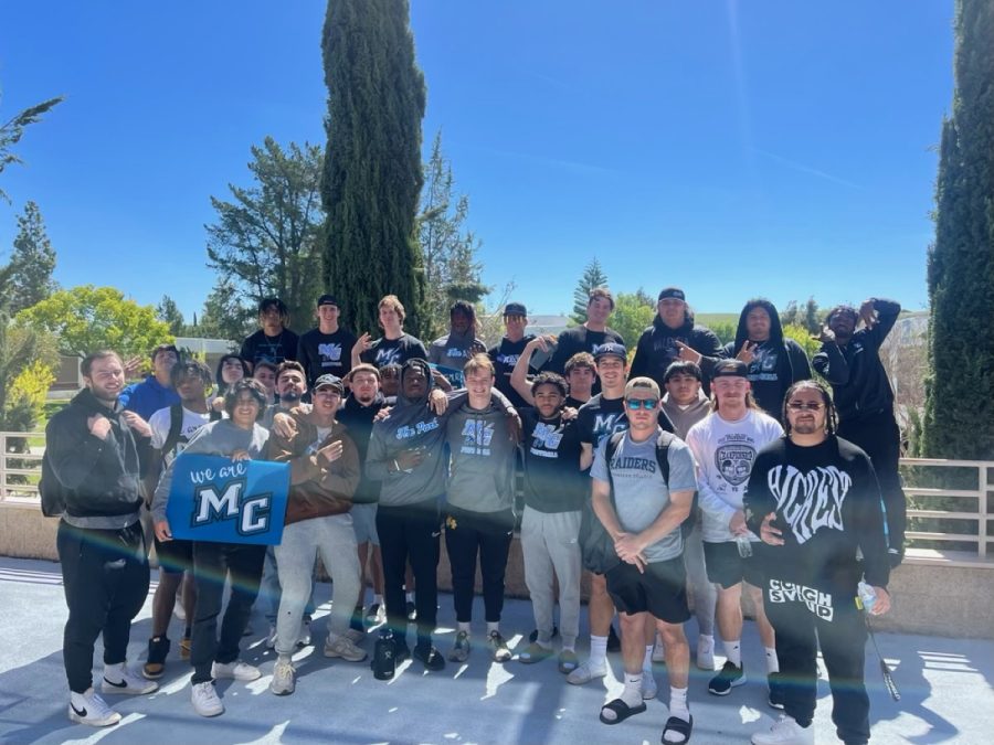 The Moorpark College football team at the Performing Arts Center for a viewing ceremony of the 2023 Aspen Prize award finalists announcement on April 20, 2023. Moorpark College received fourth place for the Aspen Institute College Excellence Award. Photo credit: Mike Stuart