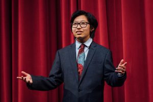 First-year Moorpark College Forensics team member Alek Cheng delivers an informative speech on conflict prediction at Night Before Nationals on March 28, 2023. Photo credit: Danielle Vega