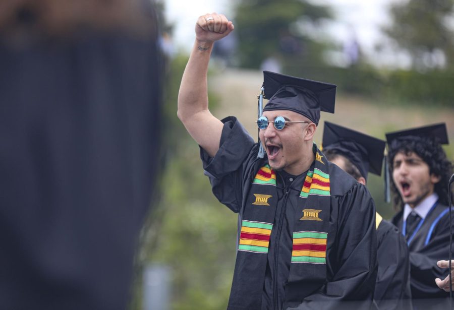 A graduate of Moorpark colleges class of 2023 cheers as his name is called to receive his diploma during the graduation ceremony on Friday, May 19 at Moorpark College. Photo credit: Ryan Bough