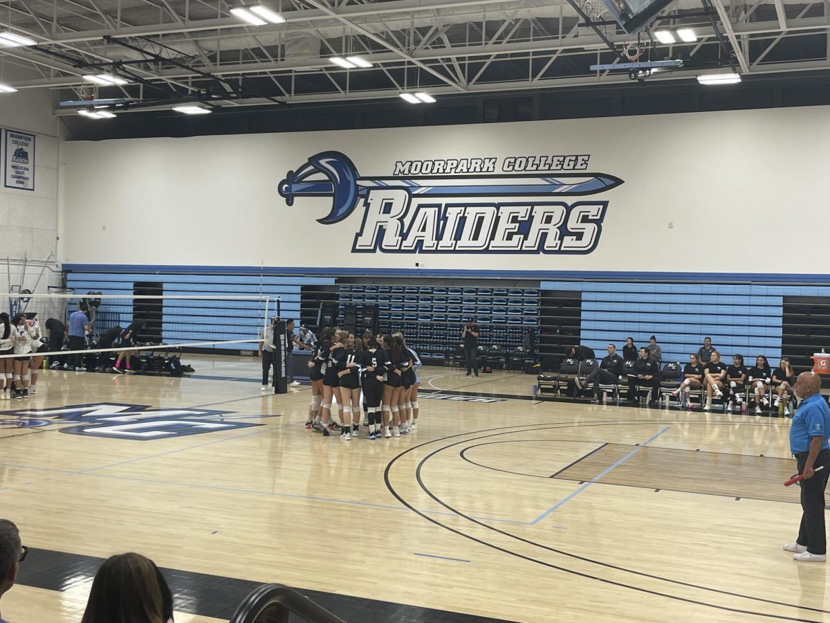 The Moorpark College womens volleyball team hosts the Santa Monica Corsairs on Sept. 22, 2023. The Raiders would go on to defeat the Corsairs 3-0. Photo credit: Briana Cruz