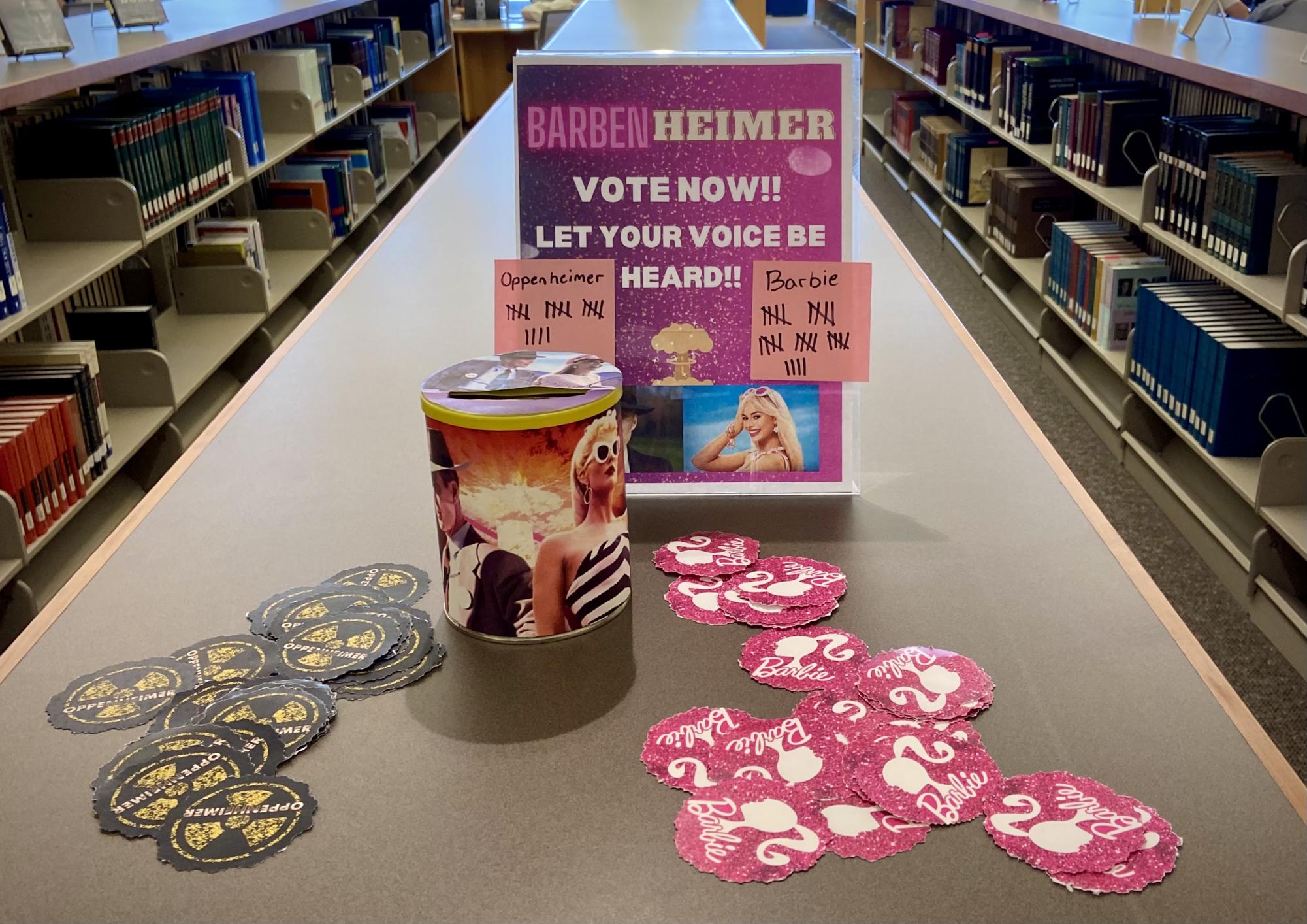Voting activity for students in the Moorpark College library created in reference to the “Barbenheimer” movement. Photo credit: Bronwyn Smith