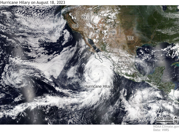 Hurricane Hilary in the eastern North Pacific south of California on August 18, 2023. Photo Credit: NOAA Climate.gov image, based on NOAA-20/VIIRS data.
