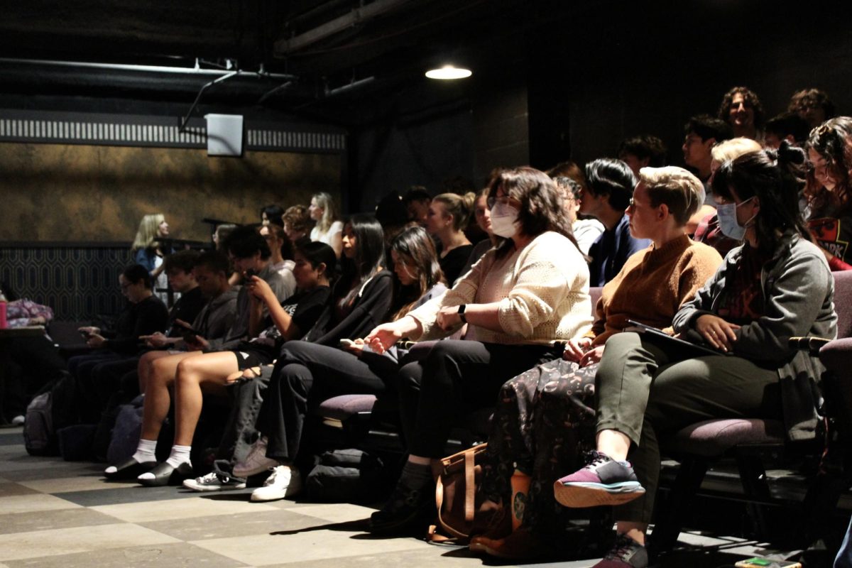 The Black Box Theater at full capacity with students listening to a live poetry performance by Yesika Salgado on Oct. 2, 2023. Photo credit: Brianna Perez