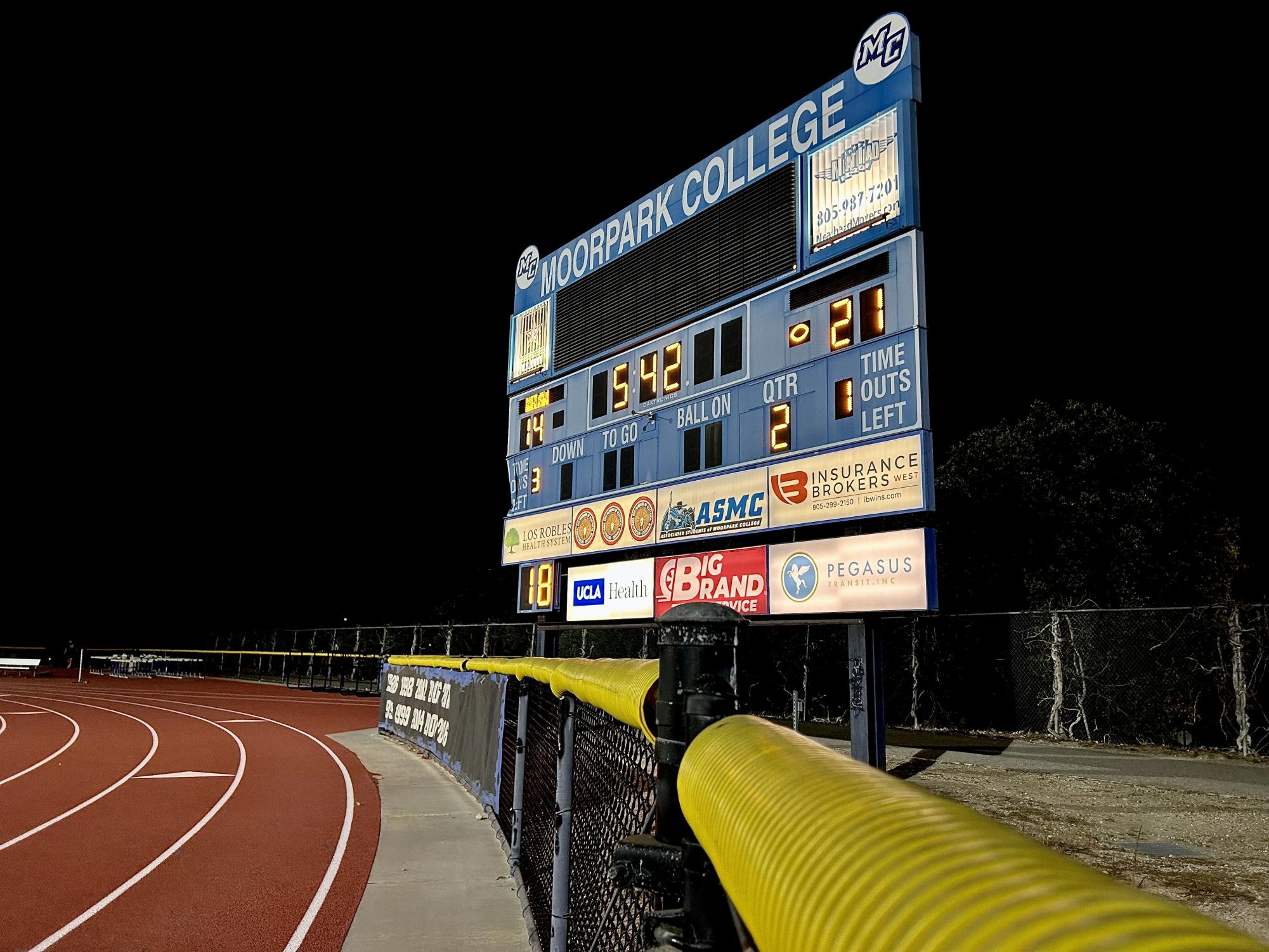 The scoreboard displays the numbers behind Saturday's contest, foreshadowing the eventual outcome. The Moorpark Raiders would lose to College of the Canyons 35-30 on Oct. 28, 2023.