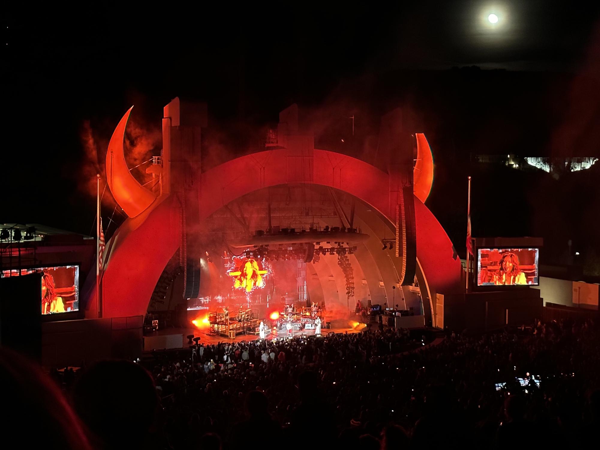 The Hollywood Bowl decorated with horns for Halloween as boygenius and Dave Grohl captivate the stage during "Satanist" on Oct. 31, 2023.