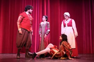 Jack Rogers, Crysta King, Grace Sergott and Eliza King perform in the one-act, "Romeo and Juliet Aren't Here," a new take on Shakespeare's tragedy written by Lucía Salazar-Davidson and Noe Perry-Greene on Nov. 28, 2023. Photo credit: Anita Semsarha