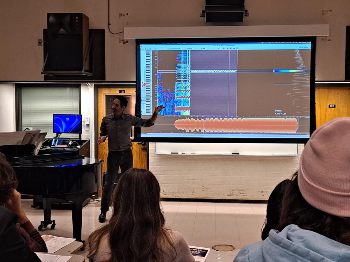 Acclaimed conductor Fahad Siadat explaining the use of vocal sounds at Moorpark College on Jan. 24, 2024. Photo credit: Brianna Perez