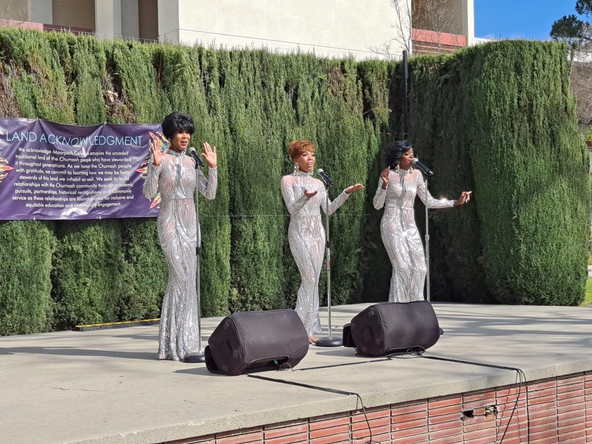 Virginia Trent, Raquel Marshall and Amberlin Morse of Raquel Marshalls Tribute to Diana Ross & The Supremes performing a dynamic set on the Moorpark College quad stage on Feb. 14, 2024. Photo credit: Brianna Perez