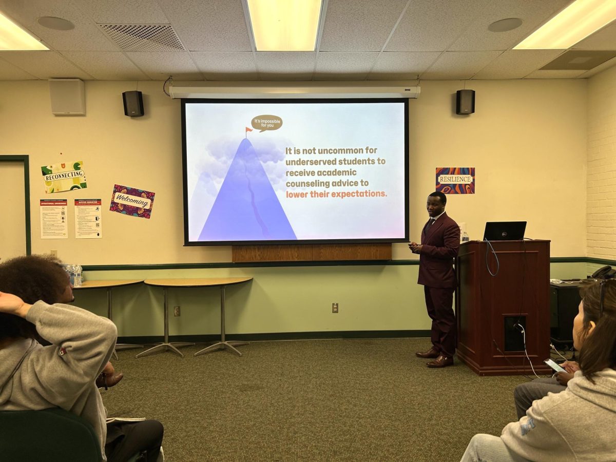 Portland Community College professor Wilson Nitunga presenting his lecture titled, Intentional Defiance: Charting Your Path to Success and Rising Above the Means, on Feb. 9, 2024 at Moorpark College. Photo credit: agustina carrizo