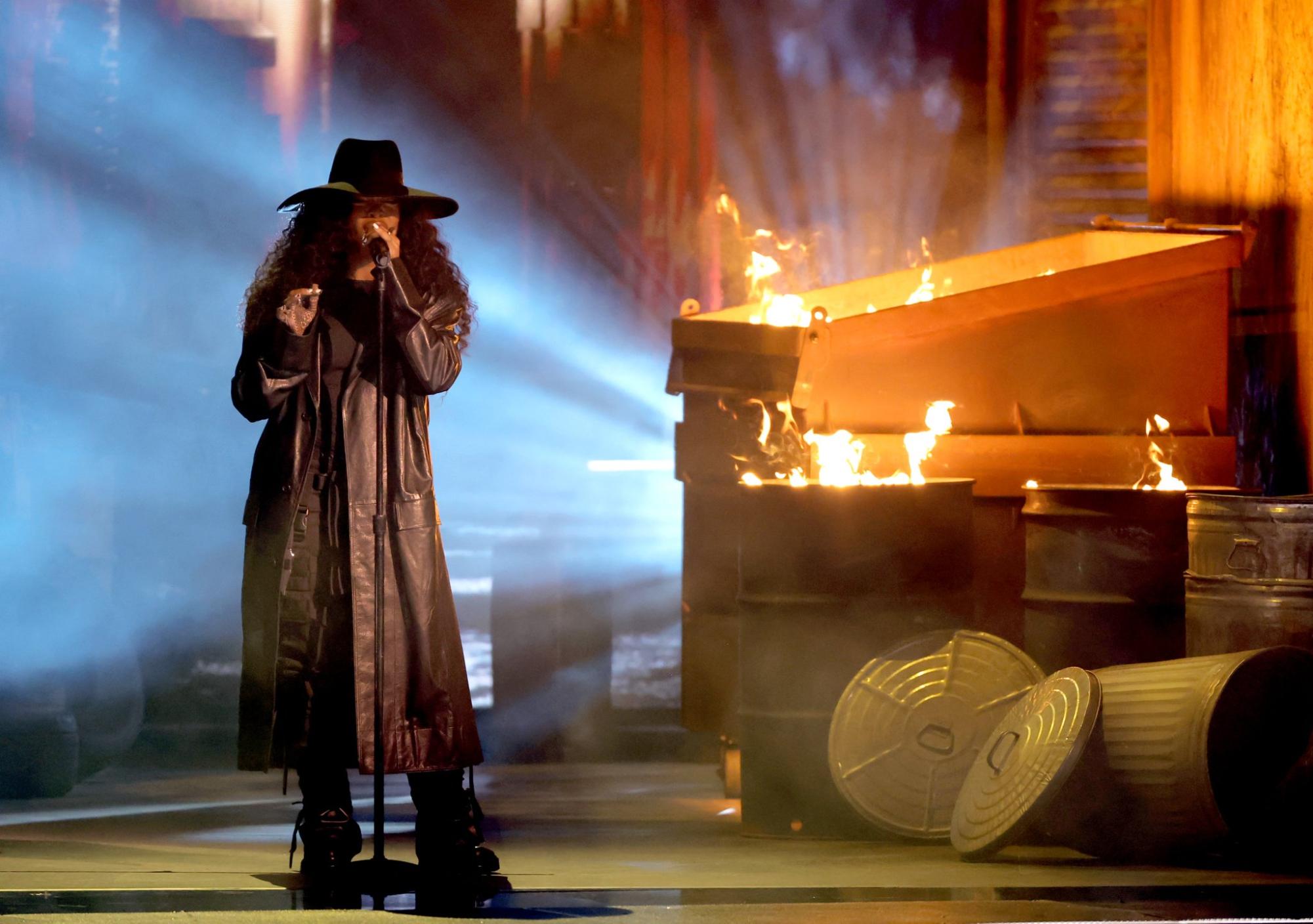 The most nominated artist of the night, SZA, performs her hit song "Kill Bill" on the Grammys stage on Feb. 4, 2024. Image courtesy of the Recording Academy on X.