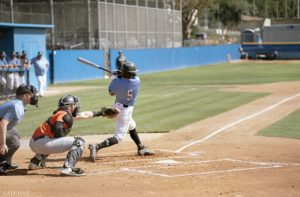 Moorpark College second baseman Anthony DeLuca hits a single vs Ventura College on Feb. 24, 2024, at Moorpark College. Photo credit: Camron Allen