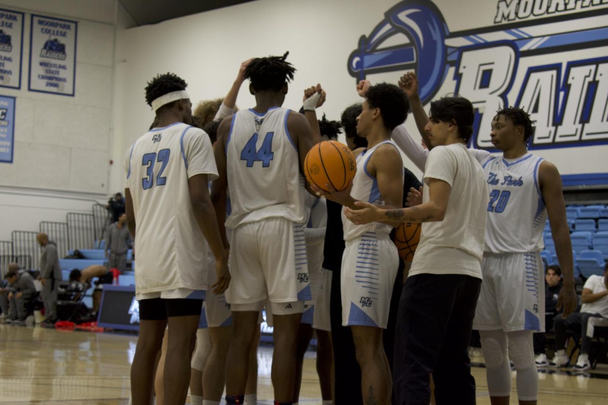 The Moorpark College Raiders break their huddle before starting the second half against Pierce College on Feb. 3, 2024. Photo credit: Clayton Byrne