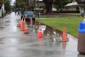 The Moorpark College quad experiencing minor flooding on Feb. 5, 2024. Photo credit: Giovanni Aquila