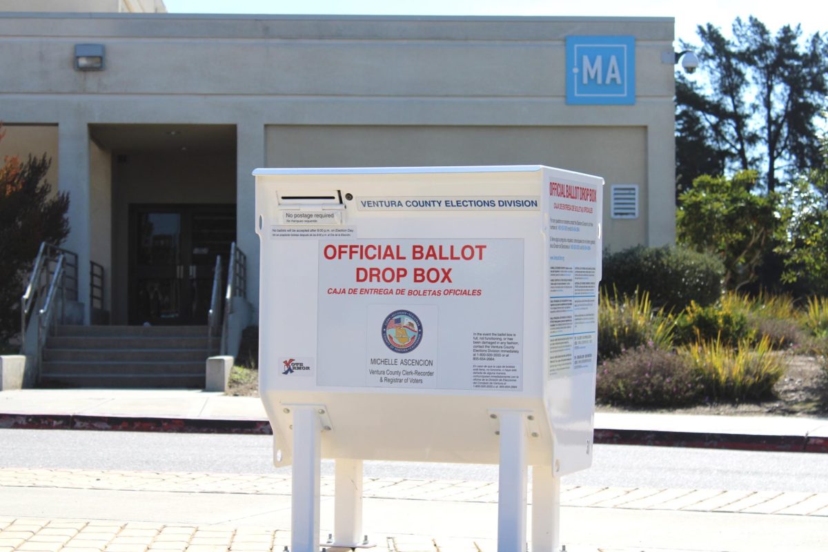 An official ballot drop box location from the Ventura County Elections Division outside the Communications Building at Moorpark College on March 5, 2024. Photo credit: Giovanni Aquila