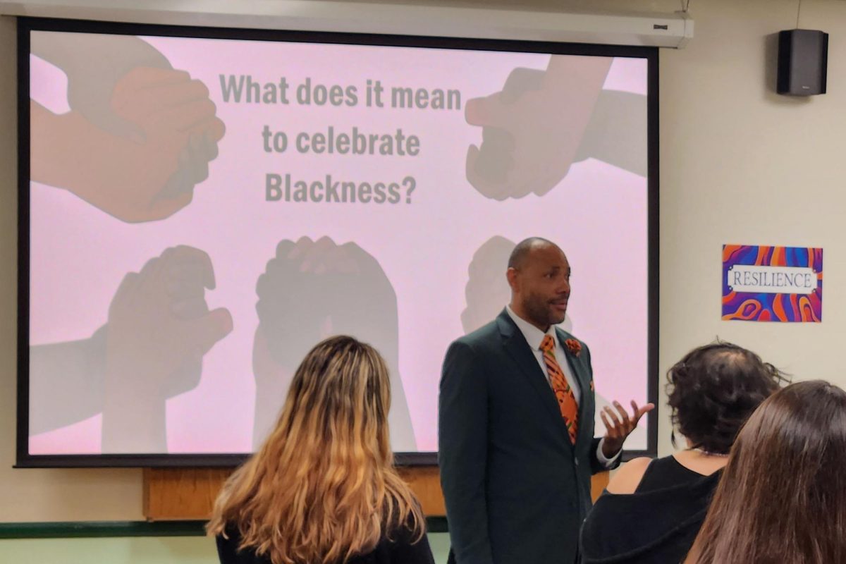Dr. Franklin Ellis presenting to attendees at his 2024 Black History Month event at Moorpark College on Feb. 26, 2024 Photo credit: Luis Rivera