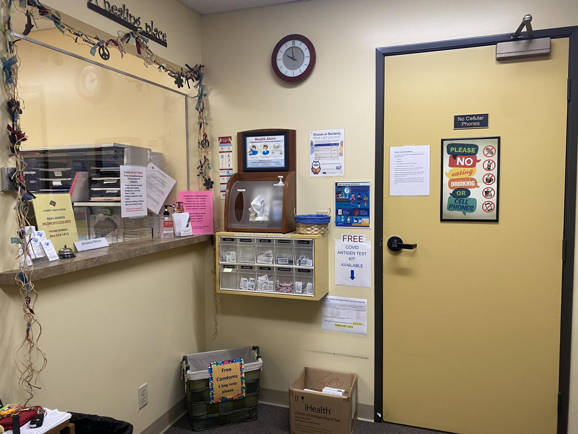 The waiting room for the Moorpark College Student Health Center where students can grab free resources including Advil, condoms and COVID-19 tests.