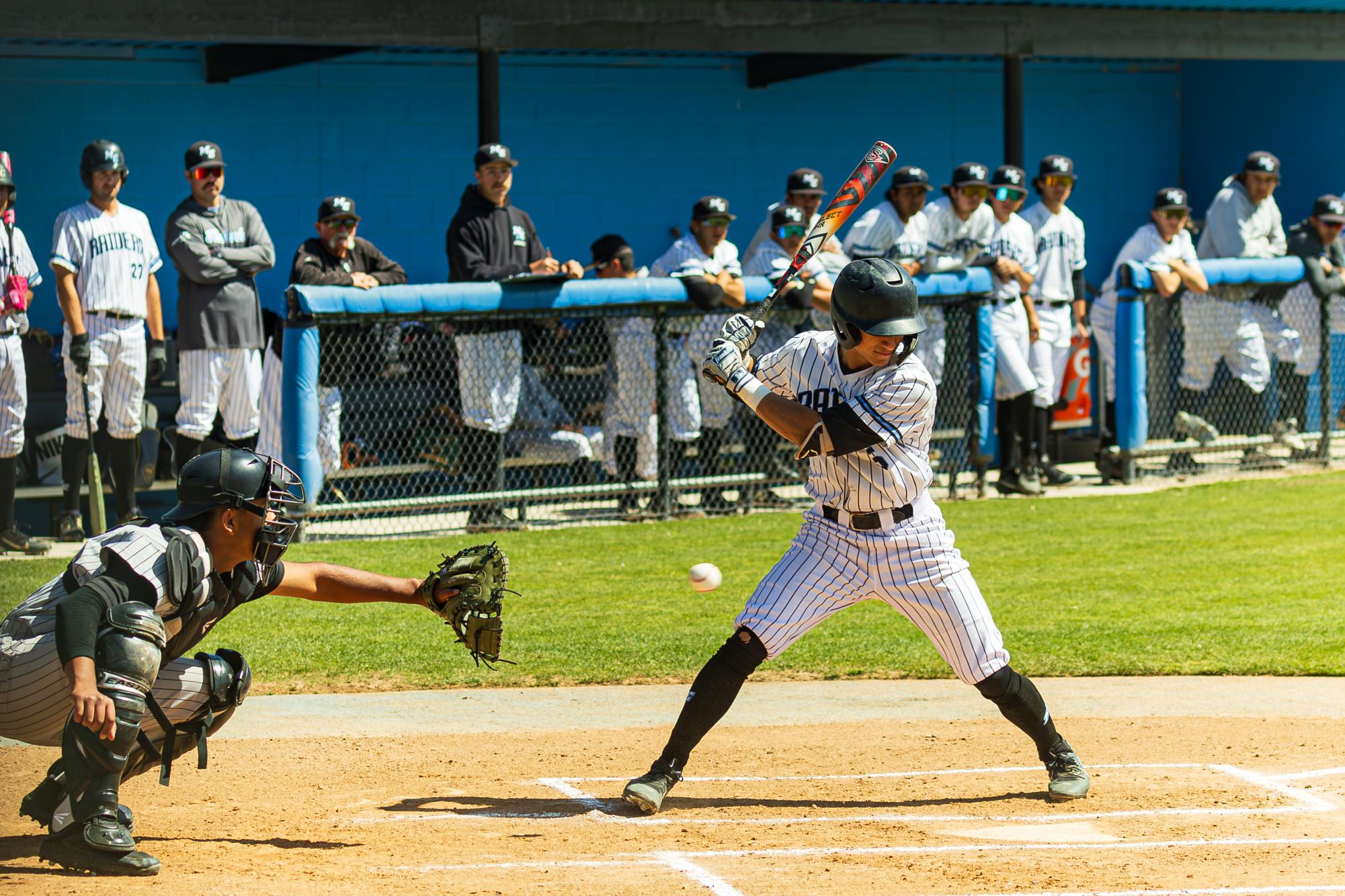Anthony Deluca Moorpark College Raider #5 gets caught looking during the Moorpark Raiders vs Rio Hondo baseball game on March 14th 2024 in Moorpark CA .