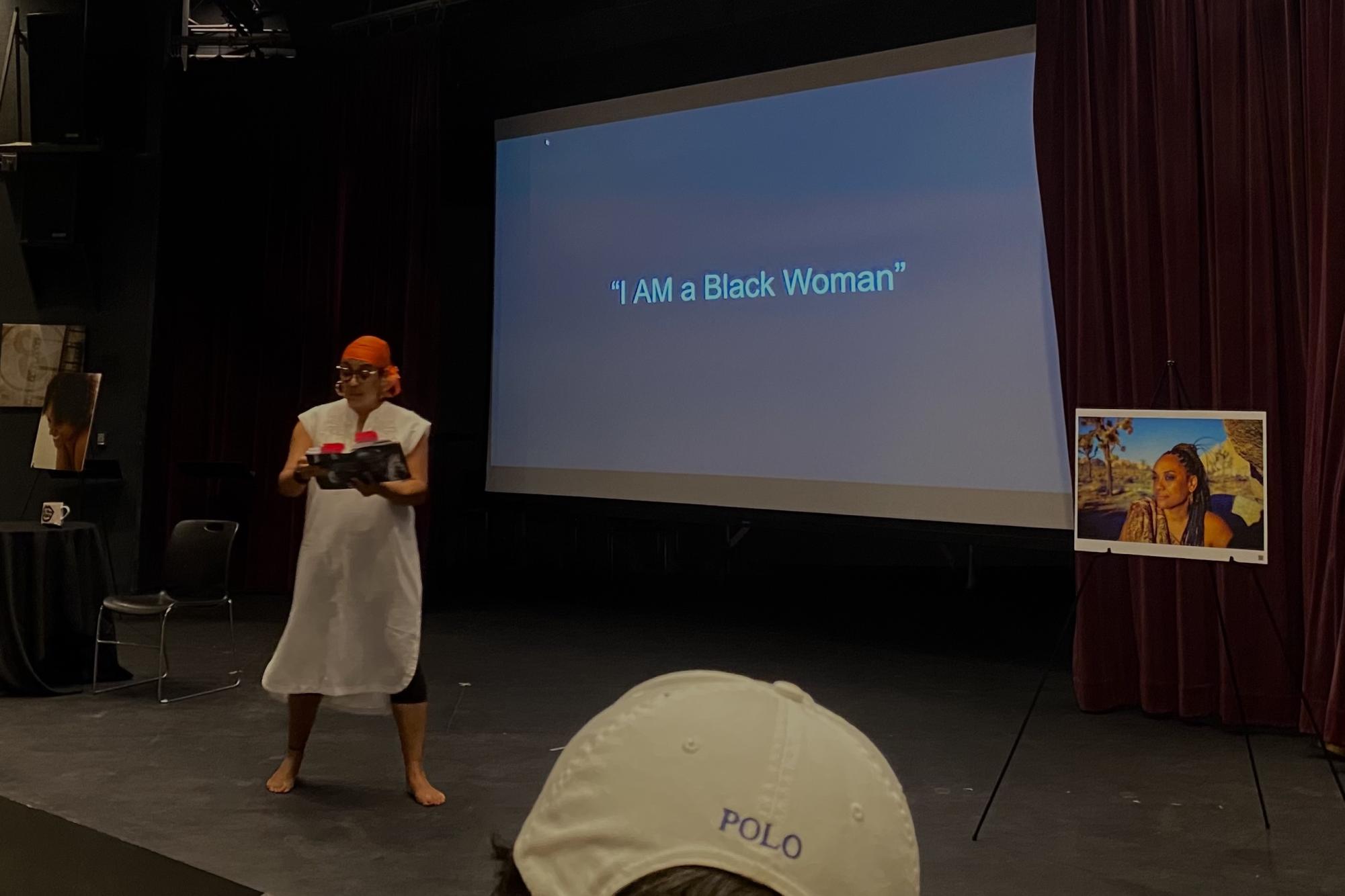 Moorpark College English professor Tamarra Coleman reading an original poem at her Black History Month event on Feb. 28, 2024.