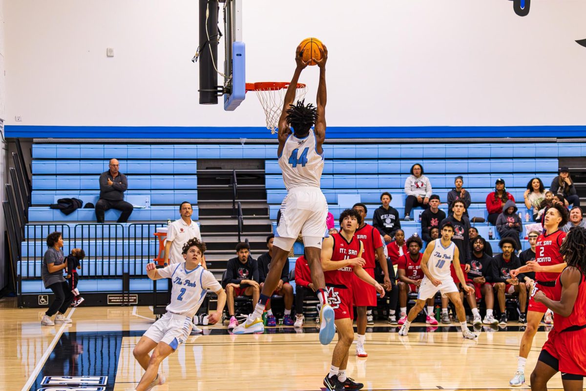 Jamaal Unuakalu going up for the slam dunk on March 2, 2024 in Moorpark, CA during the Moorpark Raiders and Mt San Jacinto Eagles 2nd Round CCCAA So Cal Regional game. Photo credit: Chris Pineda
