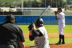 Matthew Acosta preparing to pitch against David Castillo during the Moorpark Raiders vs Rio Hondo Roadrunners baseball game on March 14, 2024 in Moorpark, CA. Photo credit: Chris Pineda