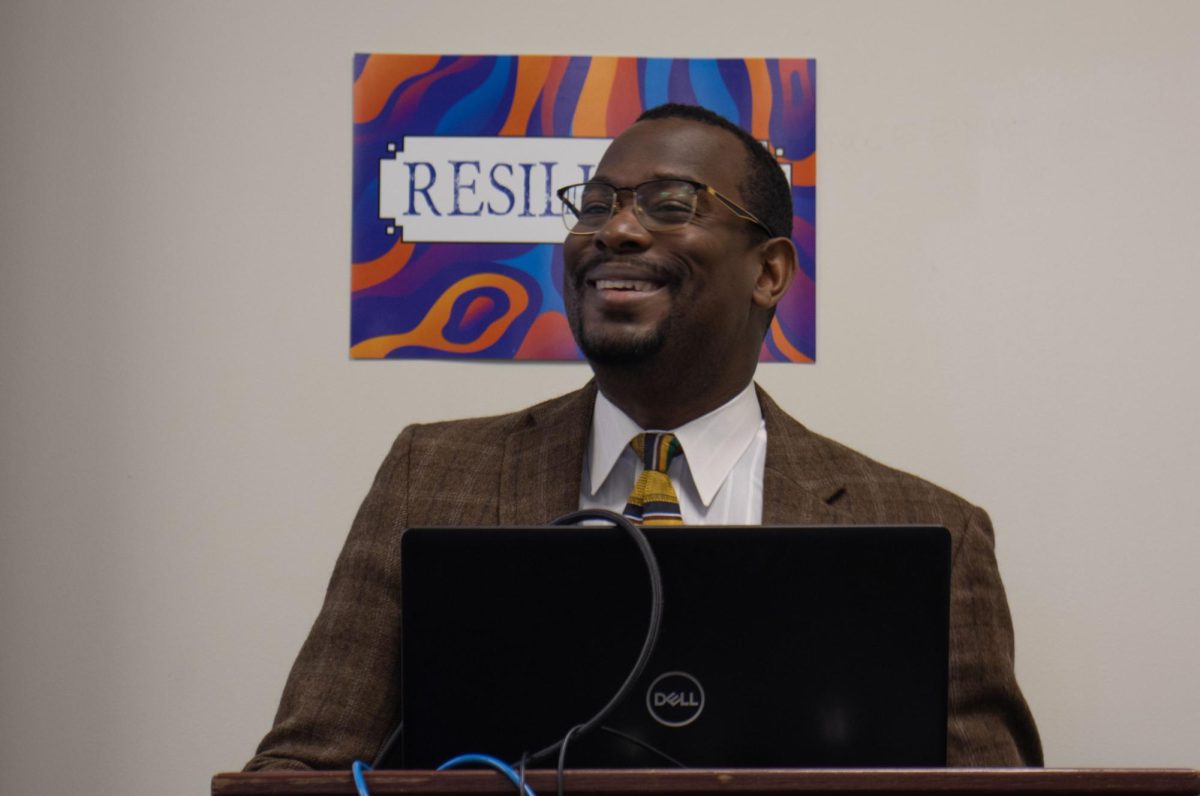 Jamaal Brown, 41, delivers a presentation on Black History to help educate students at Moorpark College on Feb. 14, 2024. Photo credit: Carson Ryan