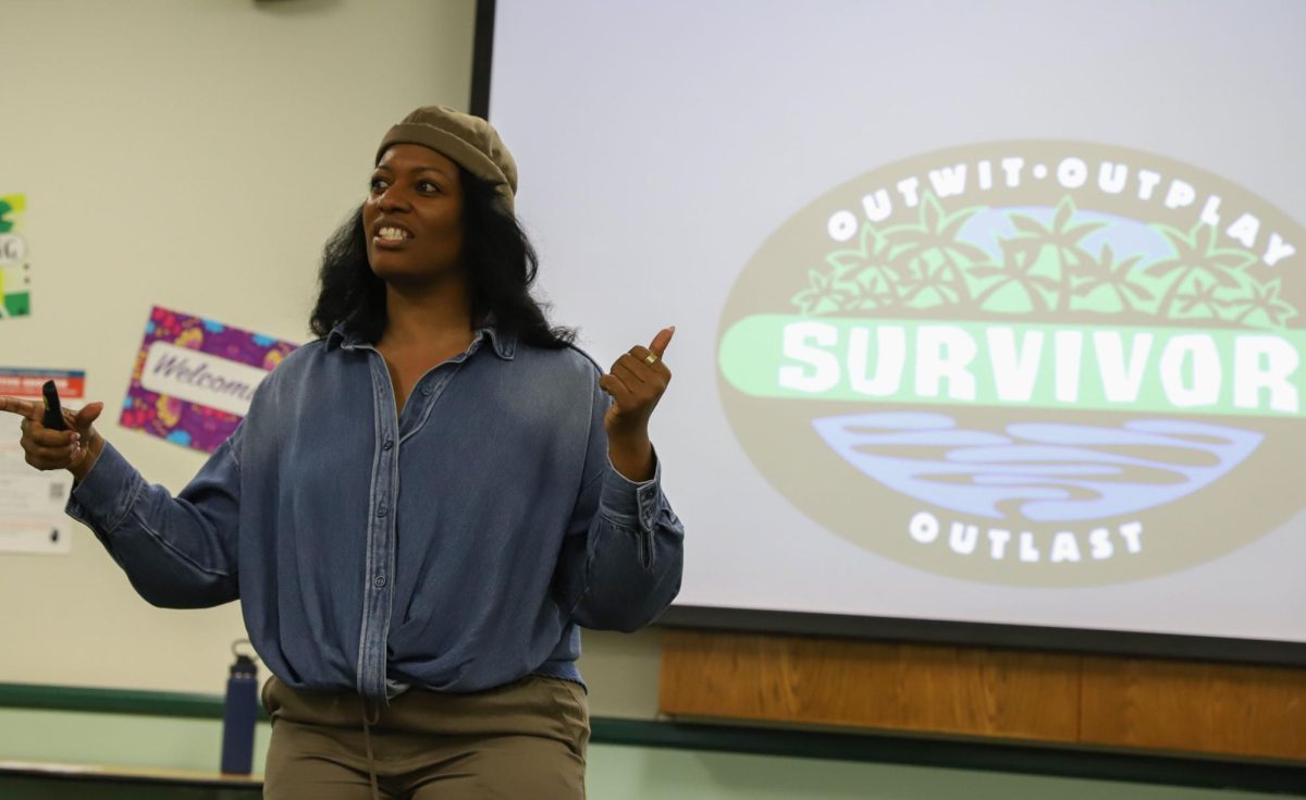 Director, entrepreneur, photojournalist and TV personality Sabrina Thompson speaking to Moorpark College audiences about her run on the hit CBS show Survivor on March 6, 2024. Photo credit: Dina Pielaet
