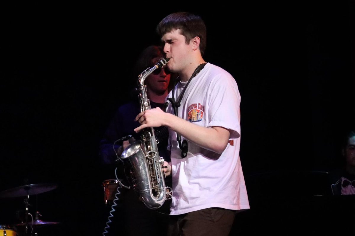 James McDonough performs Porsche Beat alongside Moorpark College student musicians at the Come Together music technology showcase on April 12, 2024. Photo credit: Anita Semsarha
