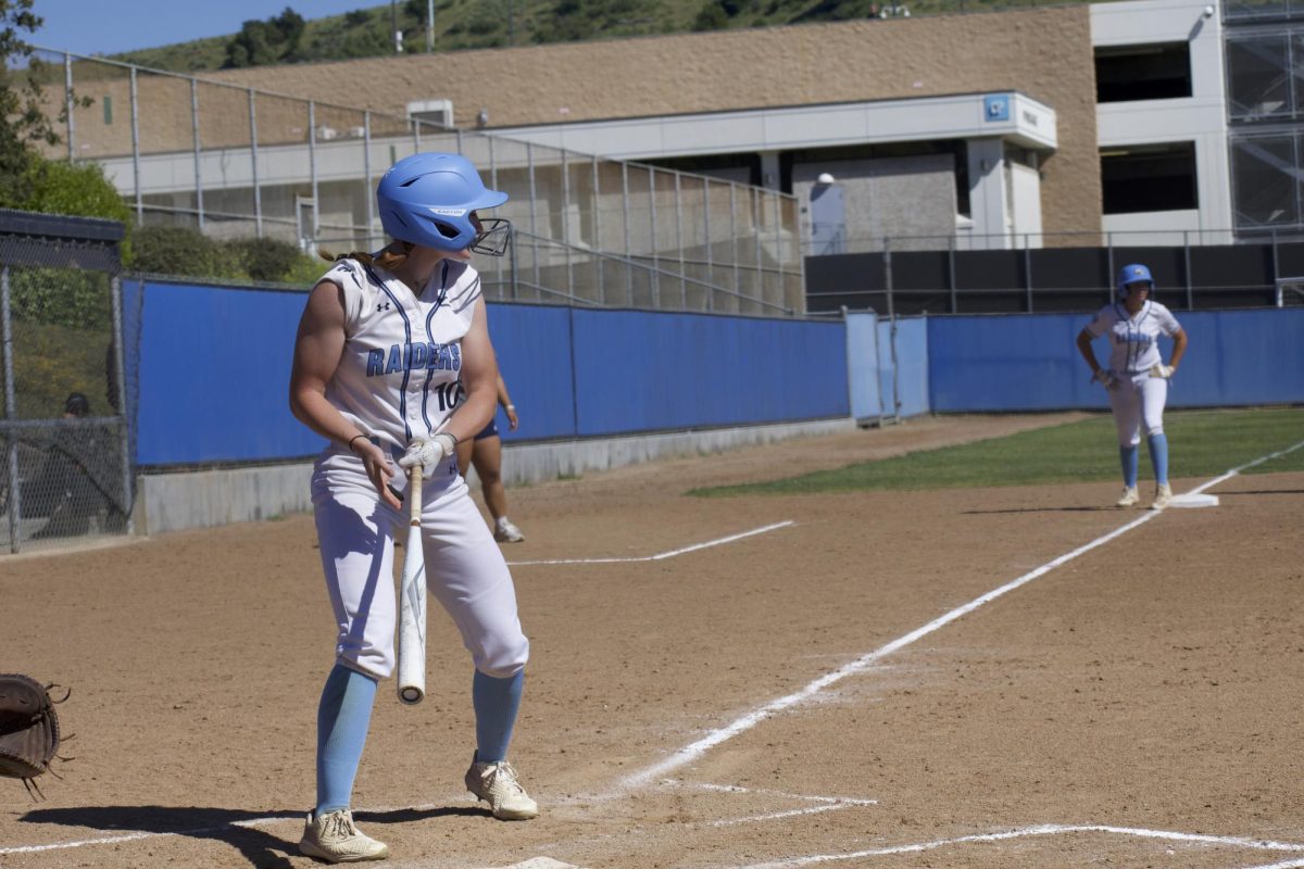 Moorpark freshman#10 Mia Gregory goes to work at home plate against Western State Conference rival Santa Barbara at Moorpark College on April 16, 2024. Photo credit: Clayton Byrne