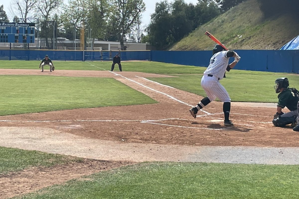 Freshman outfielder Brendan Watkins faces off against a LA Valley pitcher and a matchup that would take place at Moorpark College on Wednesday, March 27. Photo credit: Camron Allen