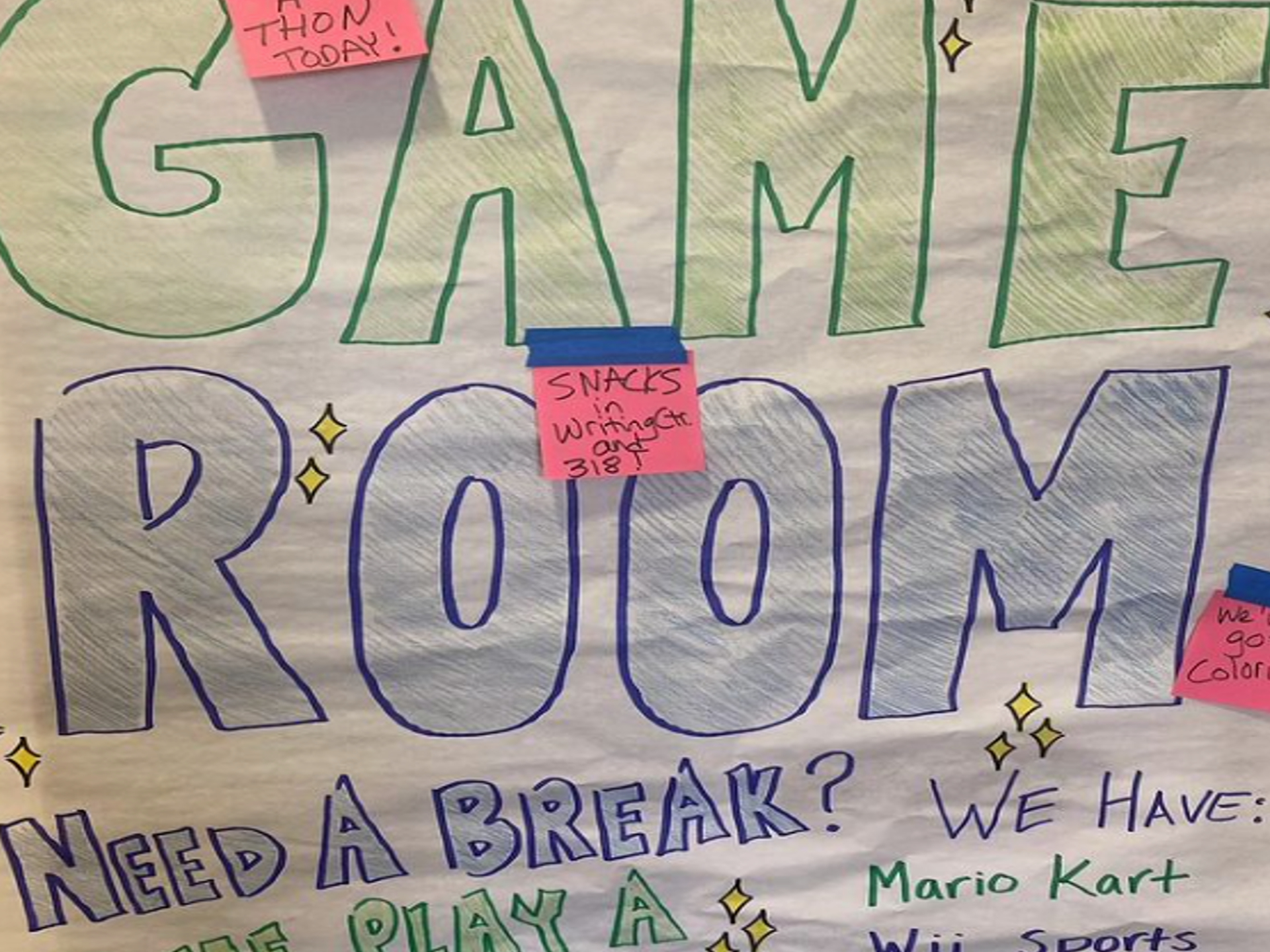 A poster promoting the game room the Study-A-Thon provided for students looking to take a break on May 8, 2024.