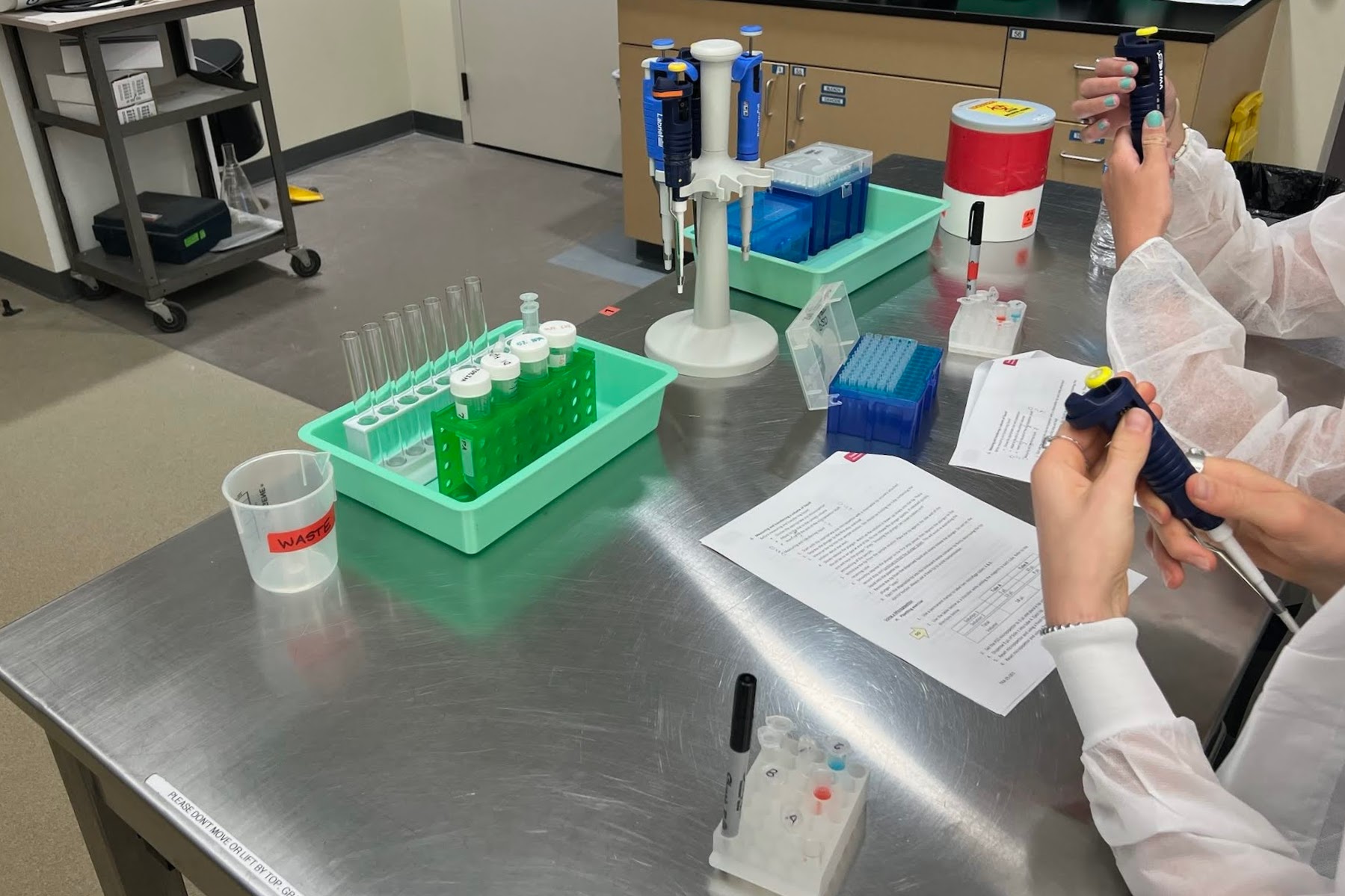High school students learn how to use micropipettes in a workshop by Dr. Hovik Gasparyan. Photo credit: Bronwyn Smith