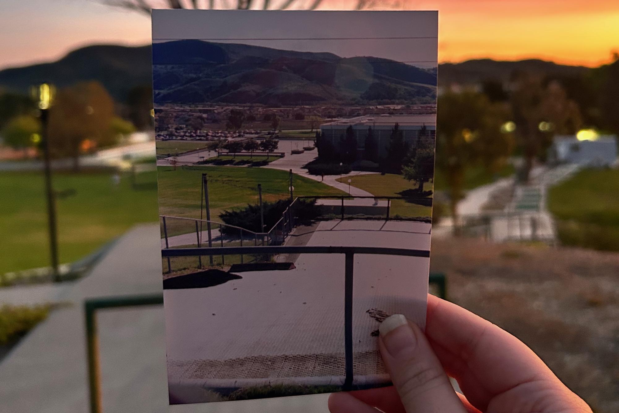 A photograph of the Moorpark College ski slope, taken in the 1980s, positioned in front of the current campus on March 13, 2024. Photo credit: Anna Belle Sanders