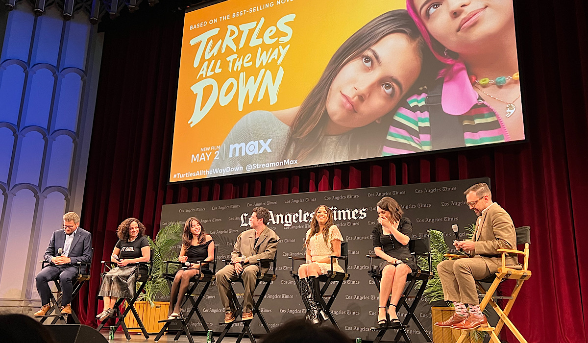 The cast and director of Turtles All the Way Down from left to right: John Green (author), Judy Reyes, Isabela Merced (Aza), Felix Mallard (Davis), Cree (Daisy) and Hannah Marks (director and Holly) with Matt Brennan (Los Angeles Times Deputy Editor for Entertainment and the Arts) at the L.A. Times Festival of Books screening on April 20, 2024. Photo credit: Nancy Powell