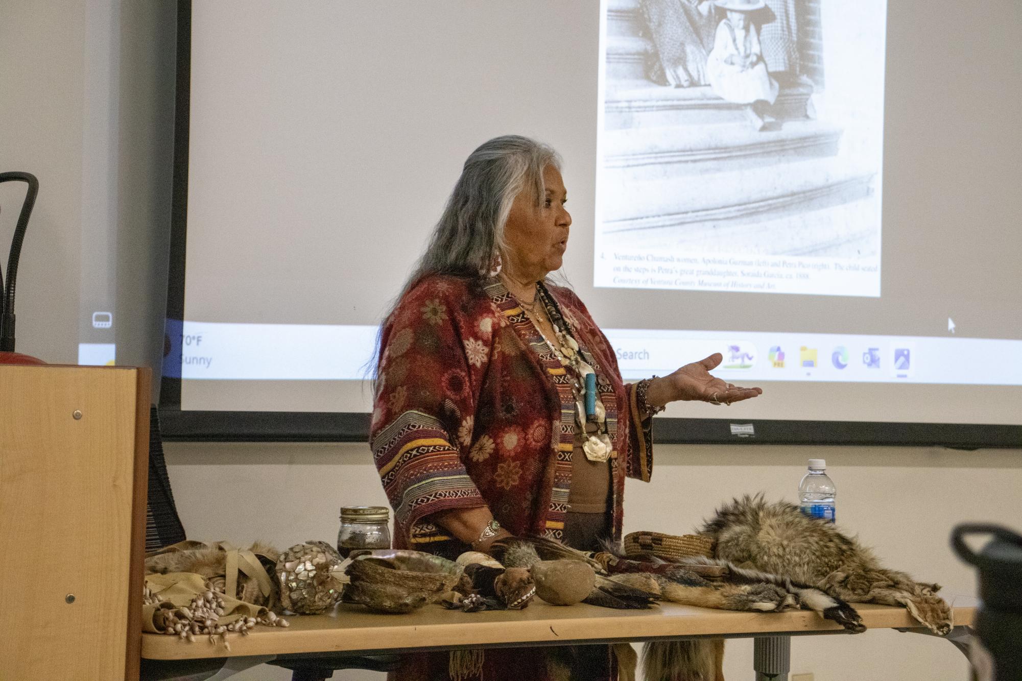 Chumash Elder Julie Tumamait-Stenslie speaks to students about Chumash culture at Moorpark College's Multicultural Day event on April 9, 2024.
