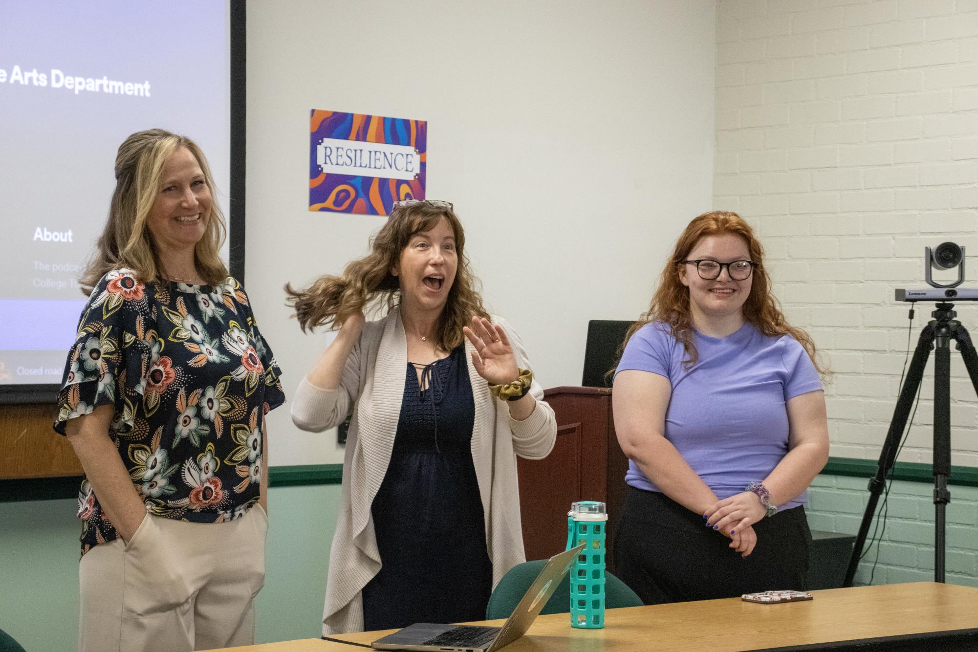 Patty Colman (left), Suzanne Fagan (center) and Anna Belle Sanders (right), talk about the creation of their podcast, "The Curious History of Moorpark College" during Multicultural Day at Moorpark College on April 9, 2024. Photo credit: Madeleine Kukucka