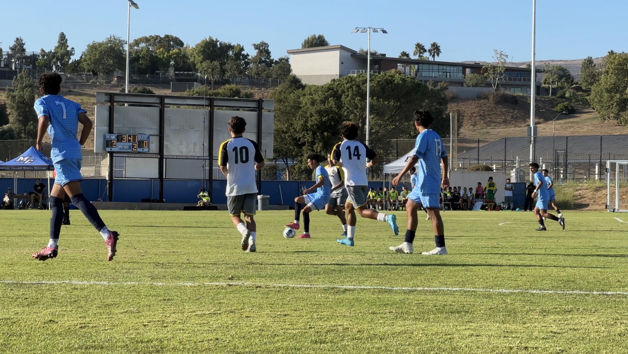 “#11 Freshman Diego Estrada defends against Santa Clarita in Moorpark, Calif. on Tuesday, Aug. 27, 2024”