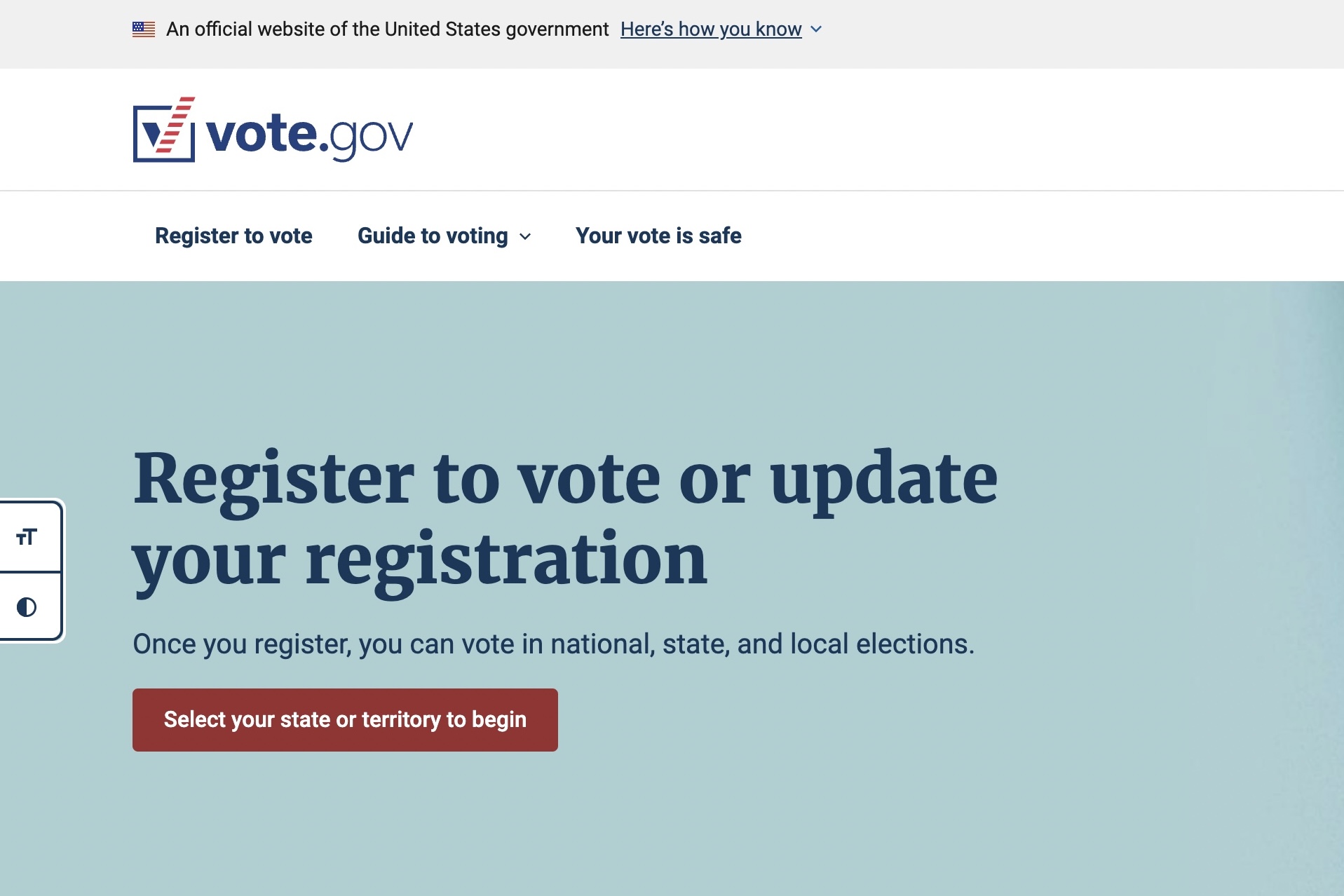 A screenshot of the homepage of the vote.gov website.