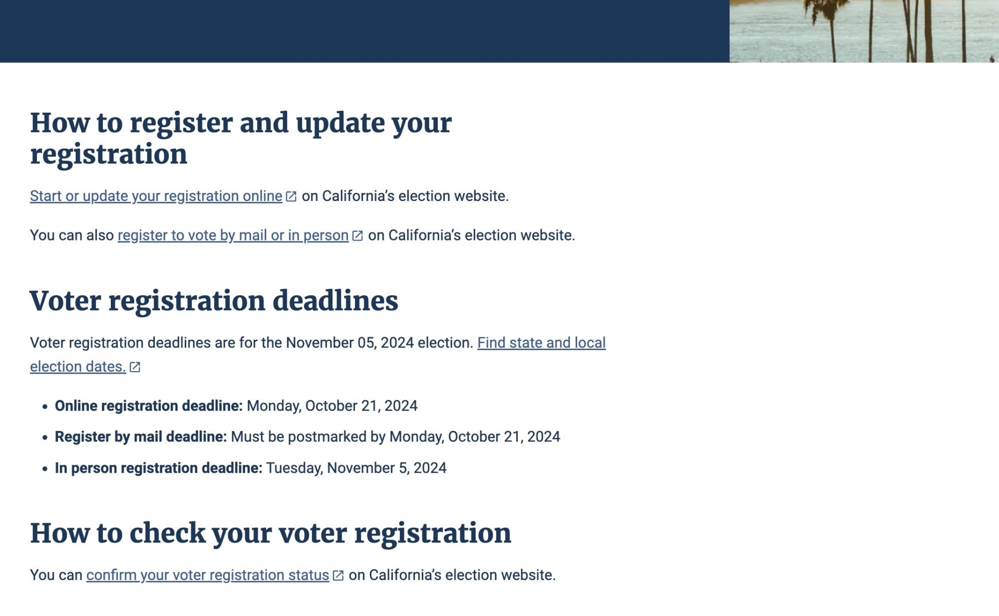 A screenshot of a vote.gov webpage informing viewers of voter registration deadlines.