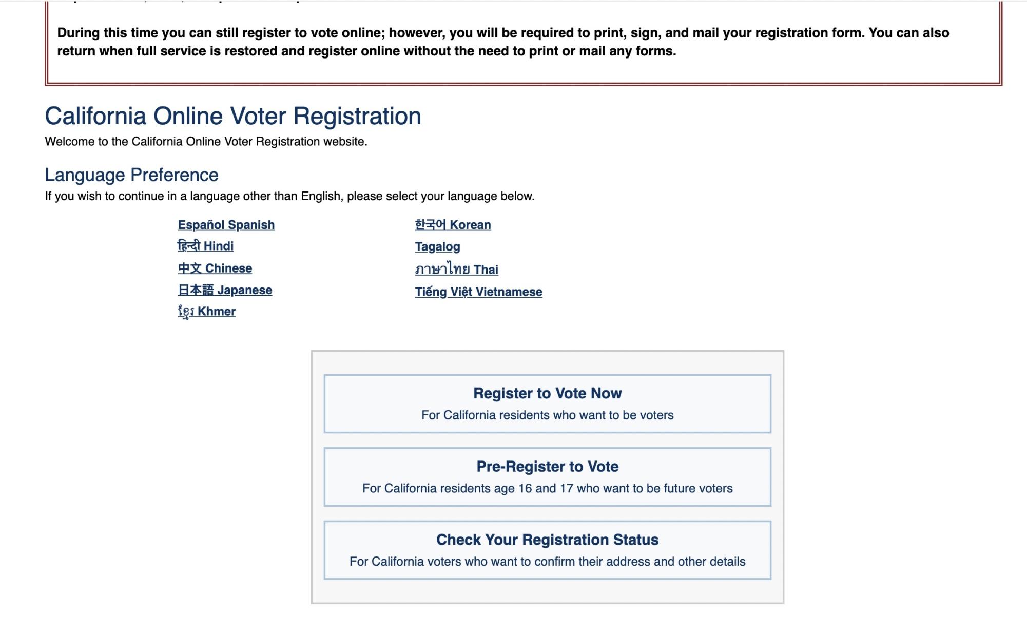 A screenshot of the California Online Voter Registration page from vote.gov.